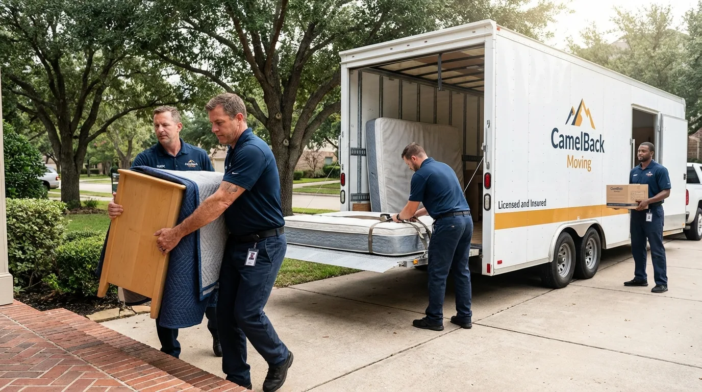 Crew loading residential truck for cross-state move from Tiffin, IA