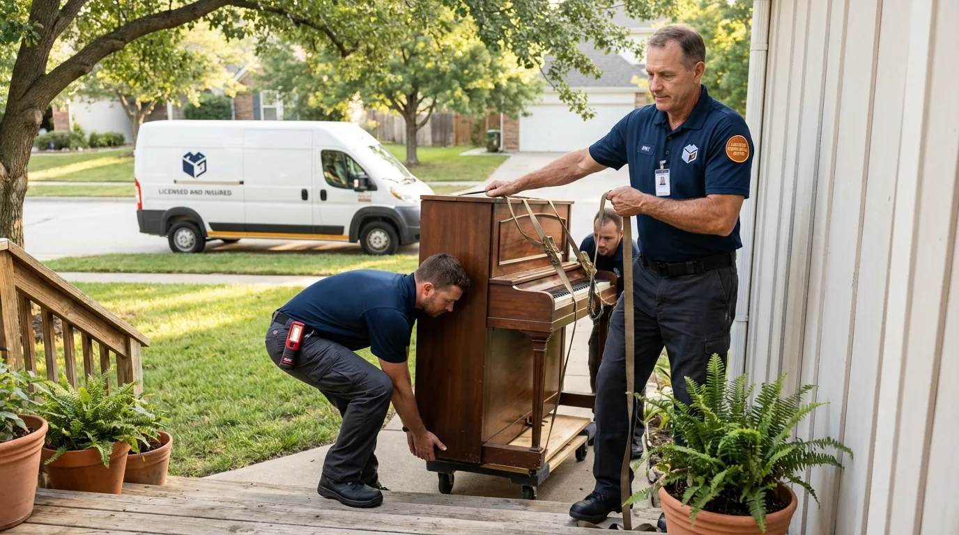 Licensed piano movers securing grand piano in Tiffin, IA