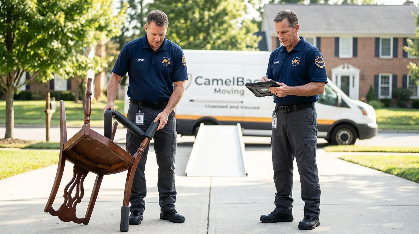 Movers inspecting furniture for damage prevention before loading in Tiffin, IA