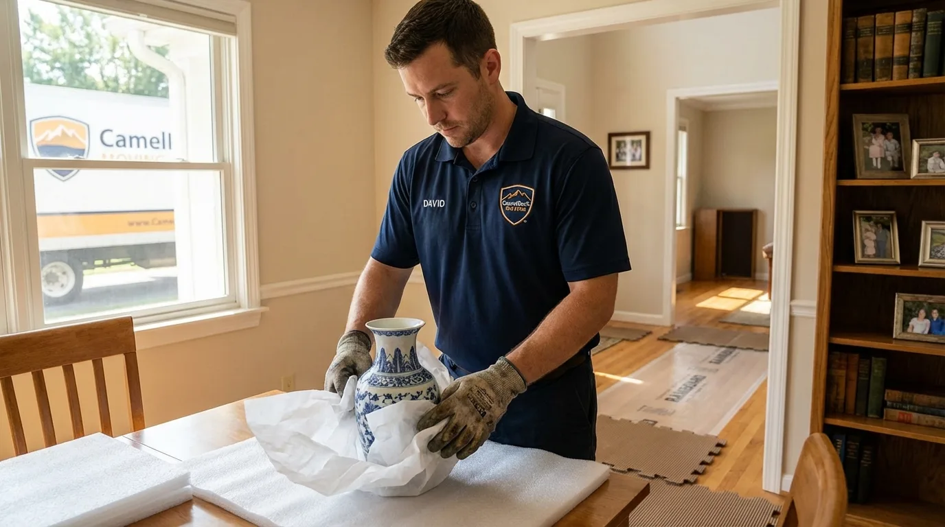 Professional crew carefully wrapping antique vase for senior downsizing move in Tiffin, IA